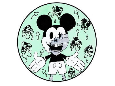 Crazy Mickey acid cartoon drawing on paper handmade illustration mickey mushroom