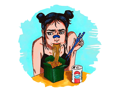 Girl with wok drawing on paper food girl handmade illustration pepsi wok