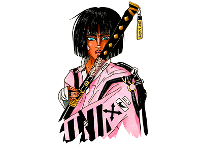 Samurai cyberpunk drawing on paper girl handmade illustration japan samurai