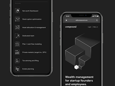 Compound homepage update cube dark ui finance fintech geometry icons landingpage layout responsive design startup website