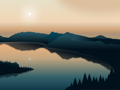 Lake evening illustration landscape light mountain sunset vector