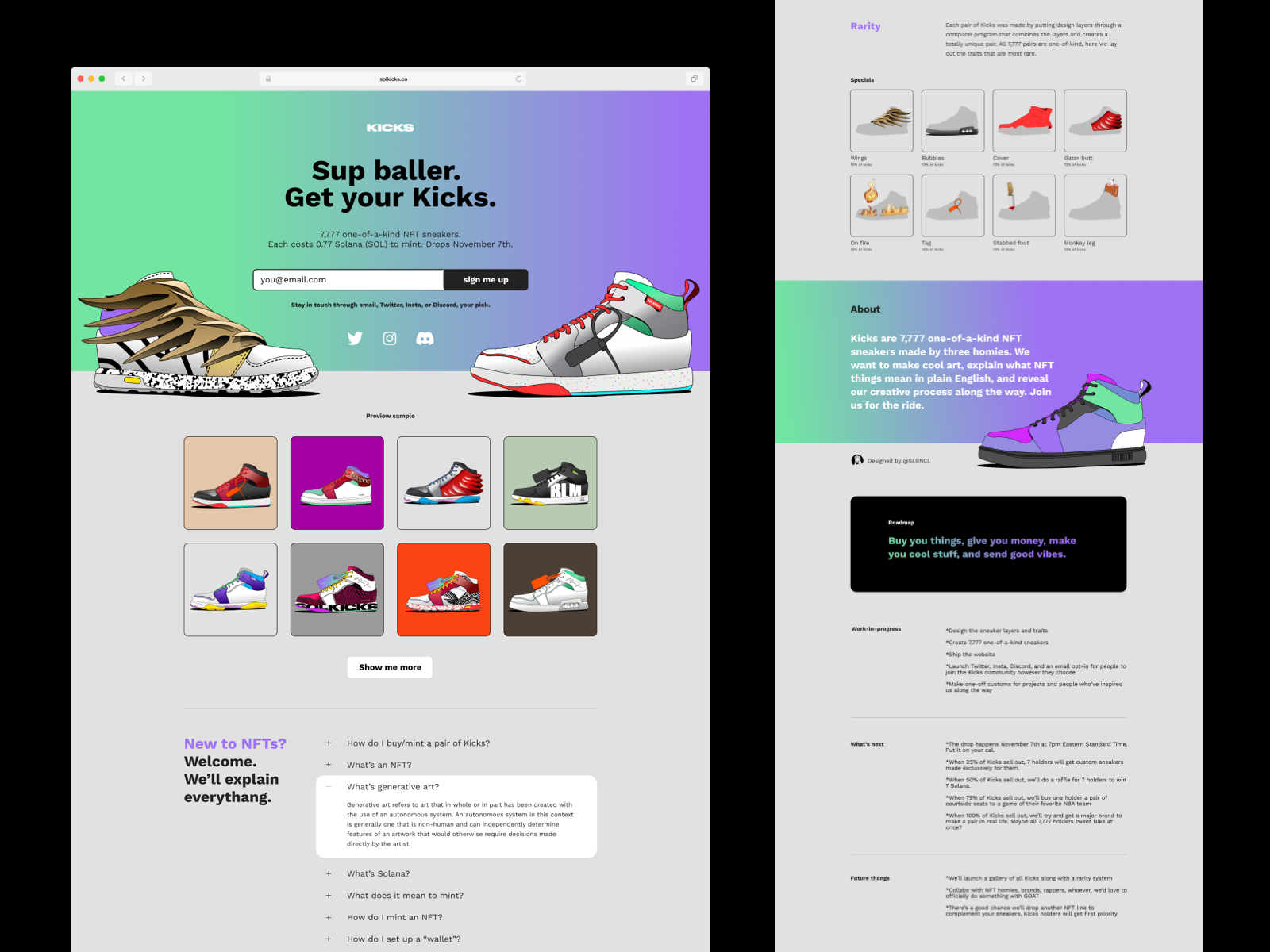 Getkicks.co crypto illustration kicks layout nft promo shoes sneakers sol solana ui web webdesign
