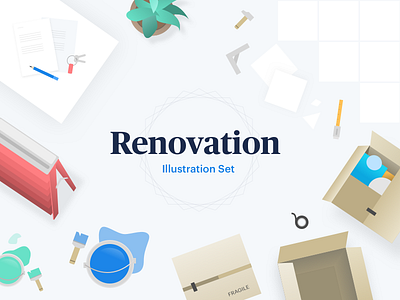 Renovation illustration set box custom flatm home house icons material moving paint set tools vector
