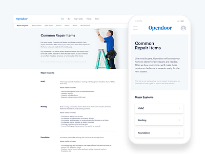 Repairs page brand design landing layout opendoor ui web