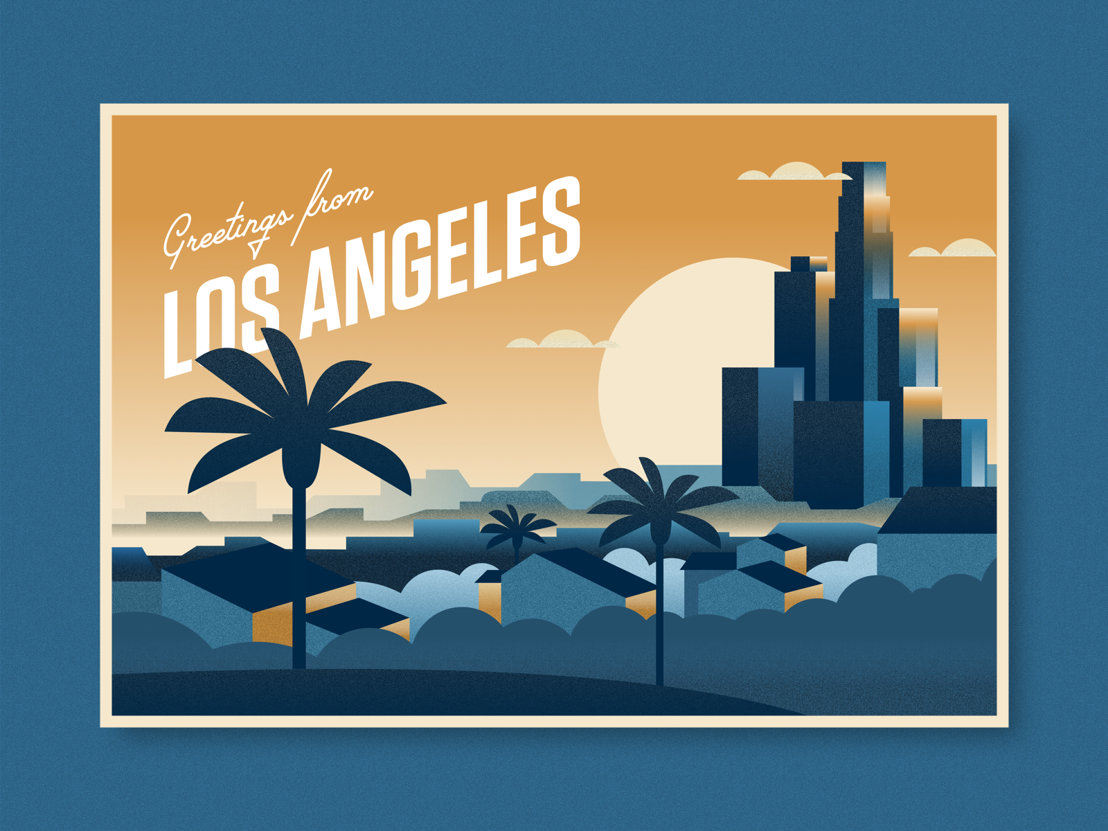LA Postcard brand city design illustration la layout los angeles skyline sunset vector