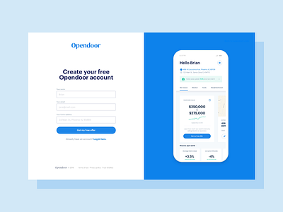 Product login brand design landing layout opendoor product real estate simple ui web