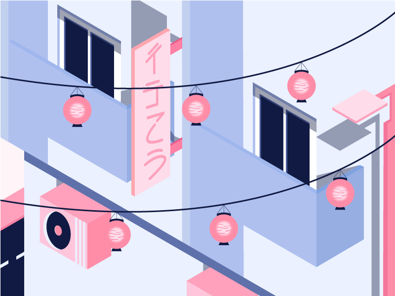 We Love Nipon isometric cultural japan art building window home house color design illustration
