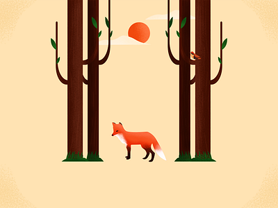 Fox In The Wood art bird color design forest fox illustration plant sun texture wood