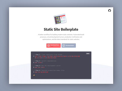 Static Site Boilerplate clean code homepage landing page logo minimal open source red typography ui web