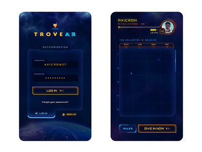 TroveAR - AR Game App UI design game app gaming sci fi