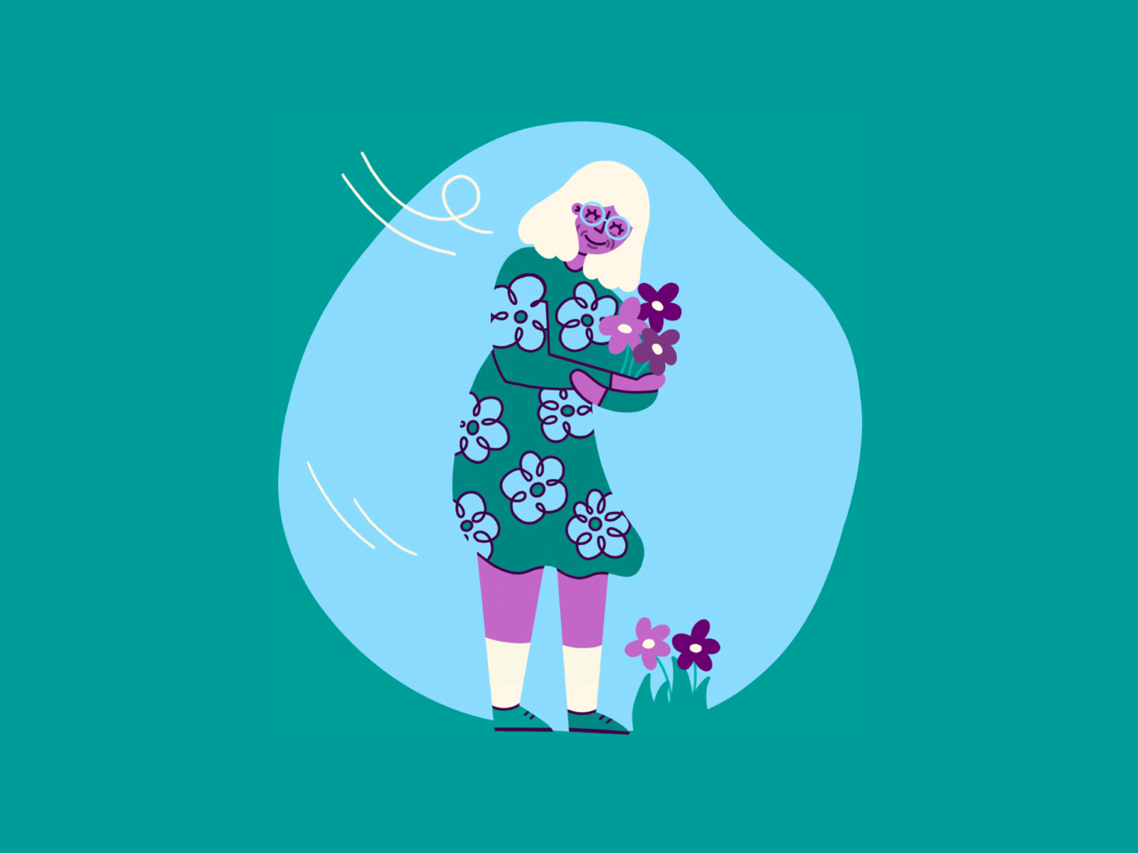 Garden Granny adult cute dress flowers fun garden grandma granny happy health healthcare illustration illustrator mental older prevention purple senior spot illustration wind