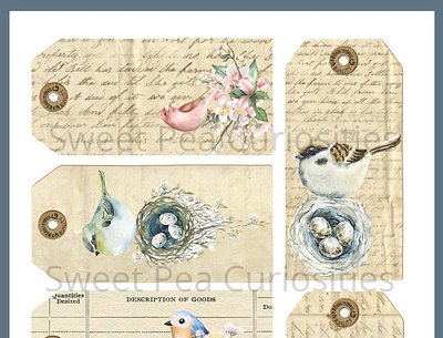 Bird Tags, Ephemera birds collage design ephemera junkjournal tags