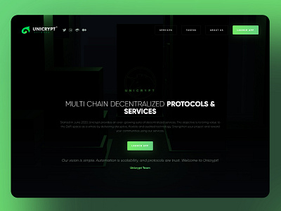 Unicrypt • Webdesign & front-end development animation blockchain bsc btc cryptocurrency css darkgreen decentralized defi eth gsap html js landing nft ui unicrypt ux webdesign