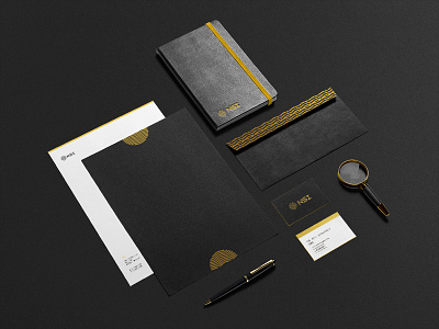 NSI Printed Assets black branding business cards envelope identity logo modern print science stationary