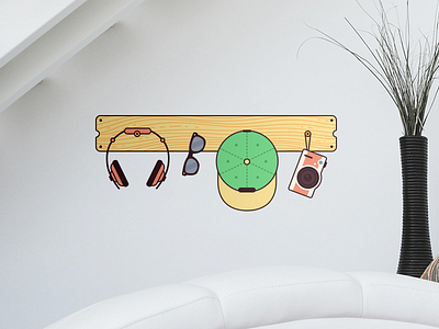 Hang yo' stuff camera flat hanger headphones illustration print snapback sticker sunglasses vector wall mockup wood