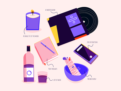 Self-care 101: What you might need candle donotdisturb illustration journal notebook purple record sage selfcare wellness wine