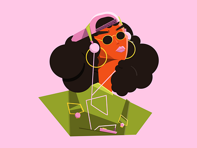 90's girl abstract afro color fashion headphones illustration minimal music overalls sunglasses walkman
