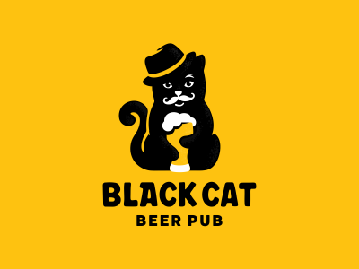 Black cat beer cafe cat hat logo logotype mustache pub