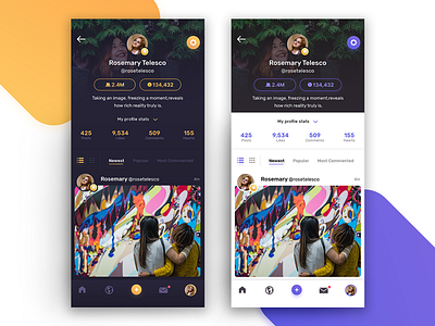 Dark and Light Theme Profile Screen dark theme dark ui iphone x light ui my profile social app user post user profile