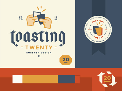 Toasting Twenty Branding badge branding cheers color color palette design identity logo toasting typography