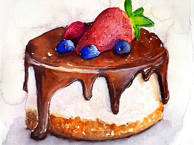 Chocolate cake with berries design food illustration realistic still life traditional art watercolor