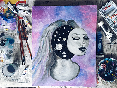 The universe within abstract acrylic face girl painting pastel portrait space surreal