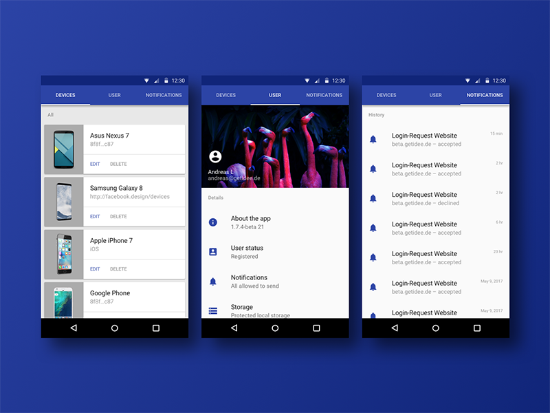 24h design quicky android cards lists sprint blue profile user notifications devices material design material