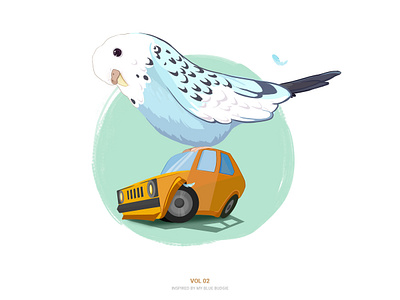 Birdy blue bird budgie car character illustration