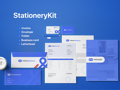 InfinityKit Complete Pack badge blue brand identity branding bundle business card design free illustration logo powerpoint template presentation stationery stationery design vector