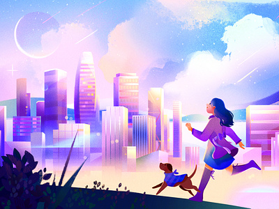 Happy New Year! character cityscape girl holiday card puppy running salesforce tower san francisco
