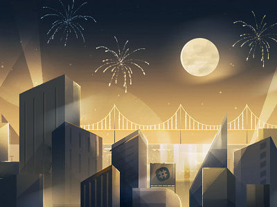 Slack Turns Two — Invite 01 cityscape gatsby illustration invite painting party slack