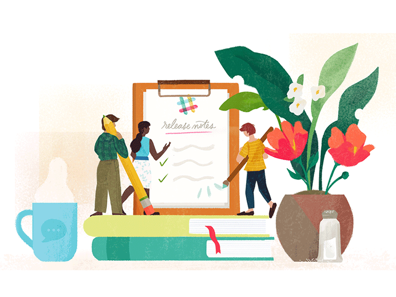 Slack Editorial — Release Notes animation character collaboration editorial illustration messaging release notes slack