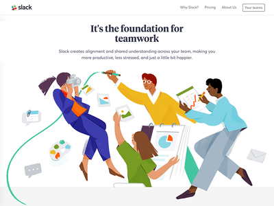 Slack.com redesign — Illustrations 01 characters collaboration documents expressive features illustration landing page slack teamwork website