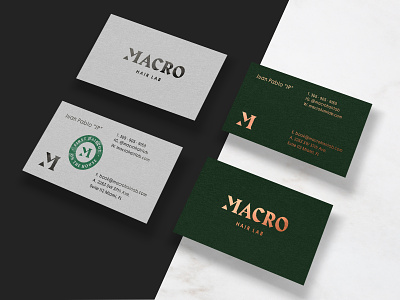 Macro Hair Lab Business Cards branding business card copper foil design hair salon logo stamp typography