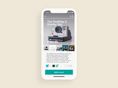 006 - Single Product - Daily UI Challenge app challenge clean colors dailyui design duotone ecommence flat ios linear minimal polaroid product shopping app ui uidesign wireframe