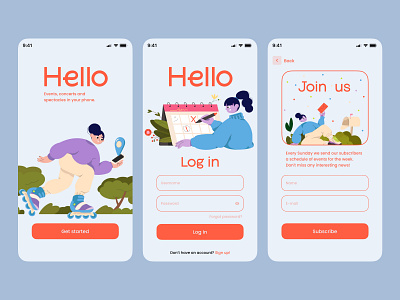 Hello: Event tickets. Daily UI 001 2022 app design daily 100 daily 100 challenge daily challenge daily ui dailyui 001 event tickets illustration interface log in mobile app newsletter onboarding onboarding screen tickets ui uichallenge ux welcome screen
