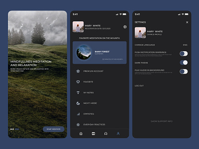 Meditation app. Daily UI 006/007 application daily ui 006 daily ui 007 daily ui challenge dailyui dark theme home screen interface meditation mobile mobile app music relax settings ui user interface user profile ux web design yoga