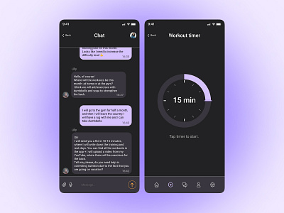 Daily UI 013, 014. chat countdown timer daily ui 013 daily ui 014 dailyui direct messaging fitness app healthy interface message mobile mobile app personal trainer sport sport app timer ui ux web design workout