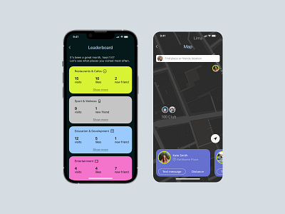 Daily UI 019, 020: leaderboard and location tracker design daily ui 019 daily ui 020 dailyui design challenge friendly friends holliday interface ios app leaderboard location app location tracker map mobile app review social app statistics tracking app ui ux design
