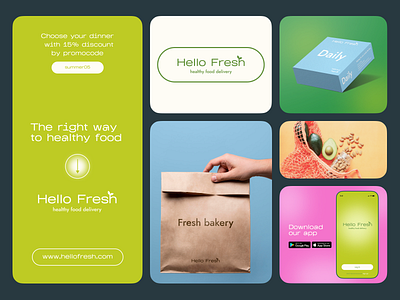 Hello Fresh: logo & brand identity 2022 advertising brand identity branding color palette daily ui food app food delivery fresh graphic design healthy food healthy lifestyle identity logo package packaging poster design social media post stories visual