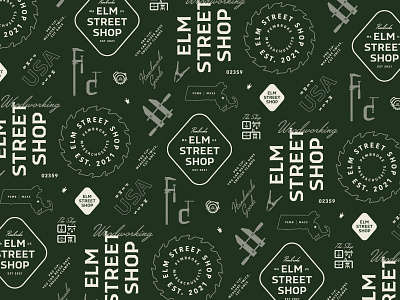 Elm Street Shop — Seamless Pattern badge boston brand branding clamp elm emblem graphic design iconography illustration layout logo massachusetts pattern saw seamless pattern tools typography woodworking