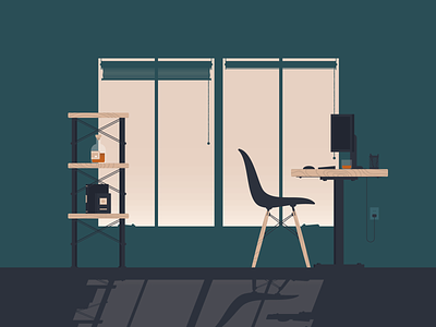 Work From Home chair cozy desk eames chair graphic design illustration shadow shelf whiskey window wood workspace