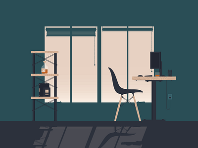 Work From Home chair cozy desk eames chair graphic design illustration shadow shelf whiskey window wood workspace