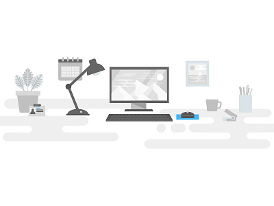 Desk illustration for account settings page calendar computer desk flat flatdesign lamp landscape plant stapler ui ux