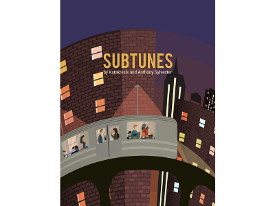 Subtunes poster city commute dog duck houses lights night people poster subway train