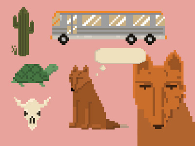 Pixel characters bus cactus cartoon characterdesign coyote desert game illustration pixel skull turtle