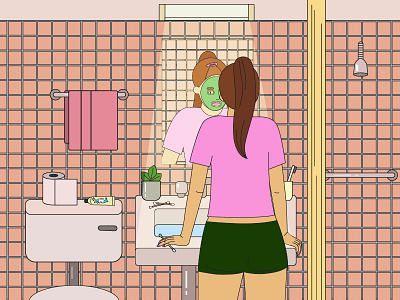 Bathroom bathroom girl illustration mask pink plant shower toilet yellow