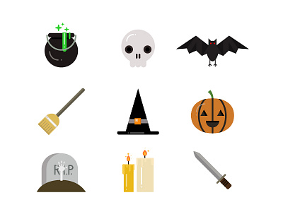 Halloween icon set bat candle cemetery halloween magic pumpkin skull spooky sword witch