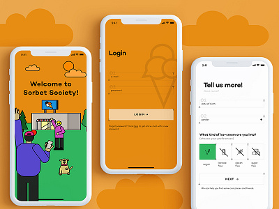 Ice cream app app dog flat flat design ice cream illustration ios login logo registration social ui