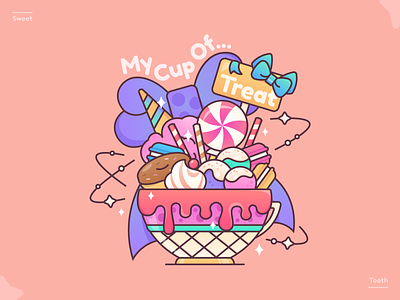 My Cup Of Treat candies colourful creative cup dessert lovers desserts donuts graphic design ice cream illustration line art lollipop macarons ribbons sweet tooth sweets tea